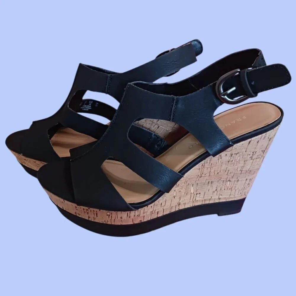 Franco Sarto Black Wedge Sandals Open Toe Cork Wedge Size 8M